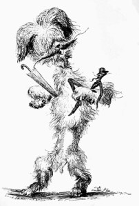 Militaire de la coalition occidentale quittant Babilème après avoir été électrocuté par un Ticane qu'il avait saisi par la poignée. Les Ticanes n'aiment pas les envahisseurs, et apparemment on a tenté récemment d'envahir leur dimension. Le militaire (dont il est maintenant difficile de dire s'il était Américain, Canadien, Allemand ou Français - apparemment, le militaire lui-même n'en est plus bien sûr - de plus il baragouine des trucs incompréhensibles) tient son général qu'il tente de consoler. Le Ticane a transformé le fusil d'assaut du militaire en parapluie. Quand on prend un Ticane par la poignée, il faut toujours avoir de bonnes intentions, ou des intentions légitimes. (Lien sur l'image - caricature de Cham par Dantan, 19e siècle.)