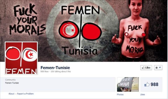Saisie d’écran de Femen-Tunisia. En anglais.. Les Tunisiens sont majoritairement de langue arabe. Le français y est très important. Les femen se fichent des populations. Schizophrènes, les femen? Quel est l’agenda?