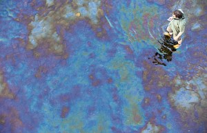 Petrole à la surface de la rivière Chaudière dans laquelle se déverse le lac Mégantic. Plusieurs semaines après la déversement catabolique du 6 juillet 2013. Photo Jacques Nadeau, Le Devoir.