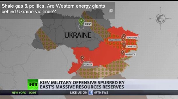Les gisements de gaz de schiste (shale gas) pour l'ensemble de l'Ukraine. Saisie d'écran, Russia Today, 17 mai 2014.