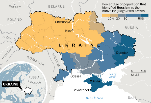 Une carte représentant, en bleu, le pourcentage de ceux qui se déclaraient russophones lors du recensement ukrainien de 2001,