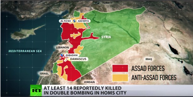 Carte diffusée par Rusia Today, 28 décembre 2015. Le territoire en rouge est contrôlé par Assad et l'armée syrienne. En jaune, Daesh.